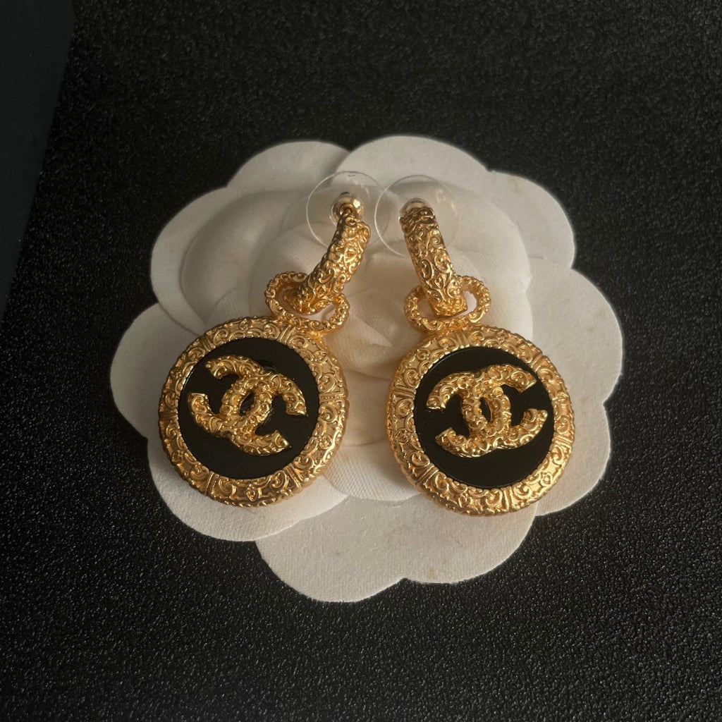 Double-C Emblem Stud Earrings in Polished Metal-Tone – Design 242 front product view