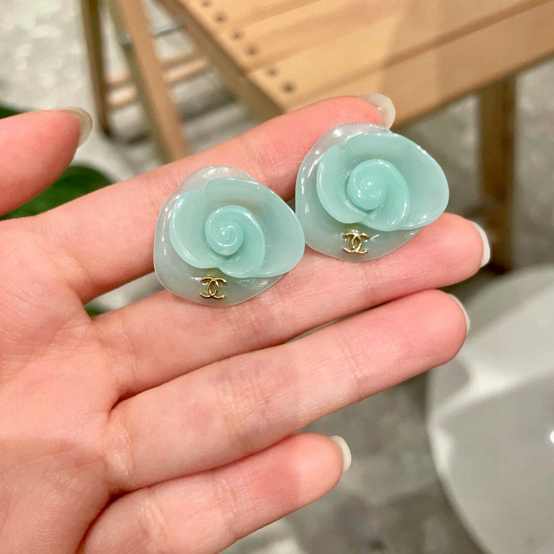 Camellia Stud Earrings in Polished Metal-Tone – Camellia Detail – Design 041 side detail