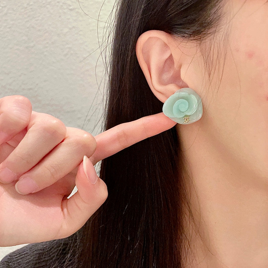 Camellia Stud Earrings in Polished Metal-Tone – Camellia Detail – Design 041 front product view