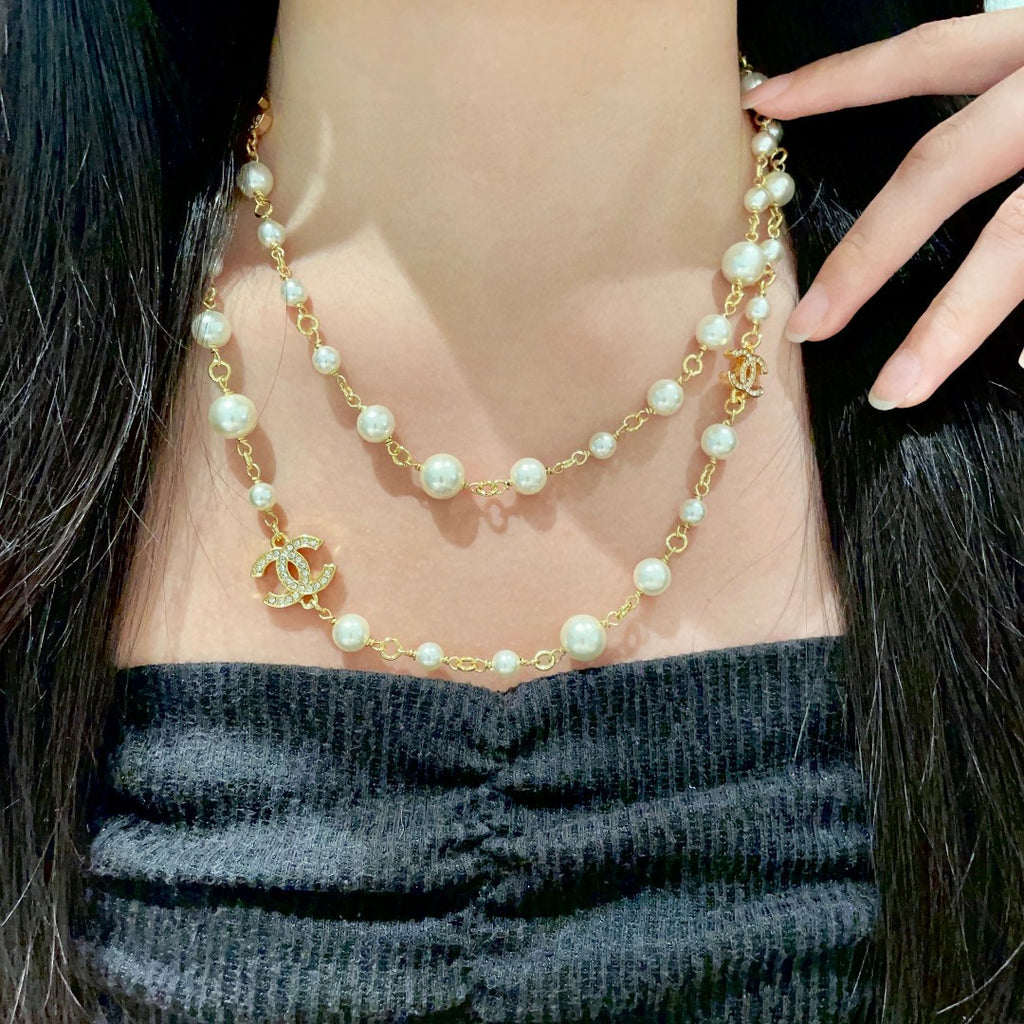Double-C Emblem Pearl-Detail Pendant Necklace – Pearl Detail – Design 061 main product view