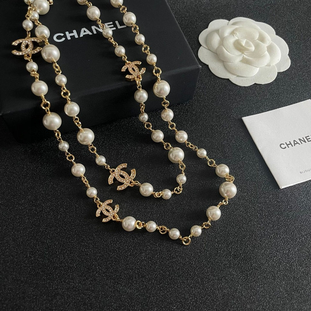 Double-C Emblem Pearl-Detail Pendant Necklace – Pearl Detail – Design 061 styled product view