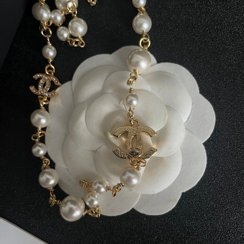 Double-C Emblem Pearl-Detail Pendant Necklace – Pearl Detail – Design 061 front product view
