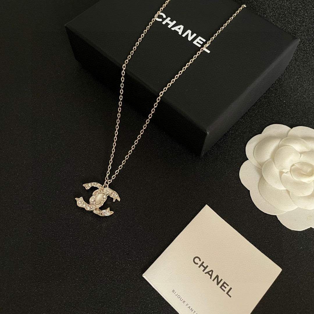 Double-C Emblem Crystal-Accent Pendant Necklace – Design 028 close-up detail
