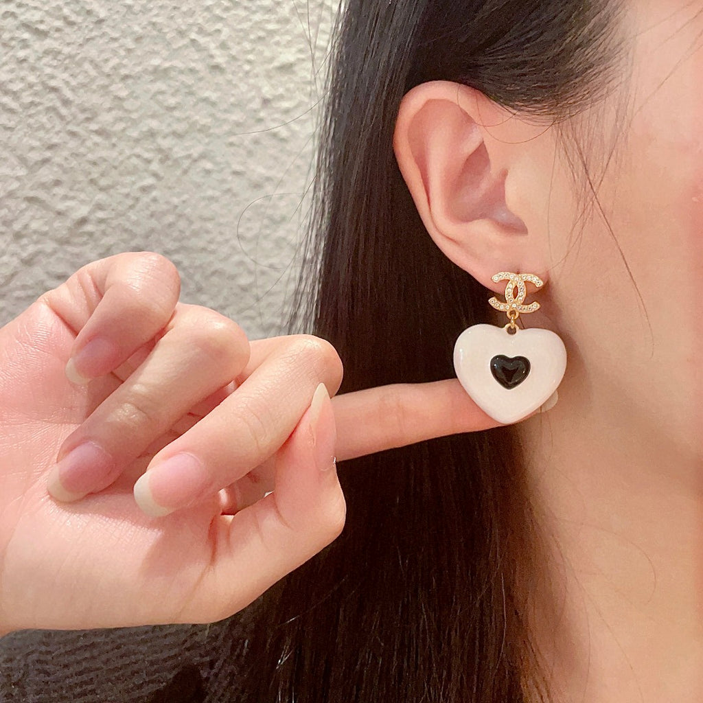 Double-C Emblem Crystal-Accent Statement Earrings – Heart Detail – Design 002 front product view