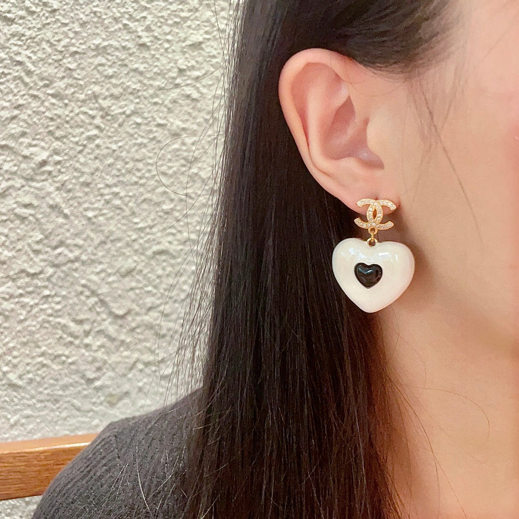 Double-C Emblem Crystal-Accent Statement Earrings – Heart Detail – Design 002 detail view