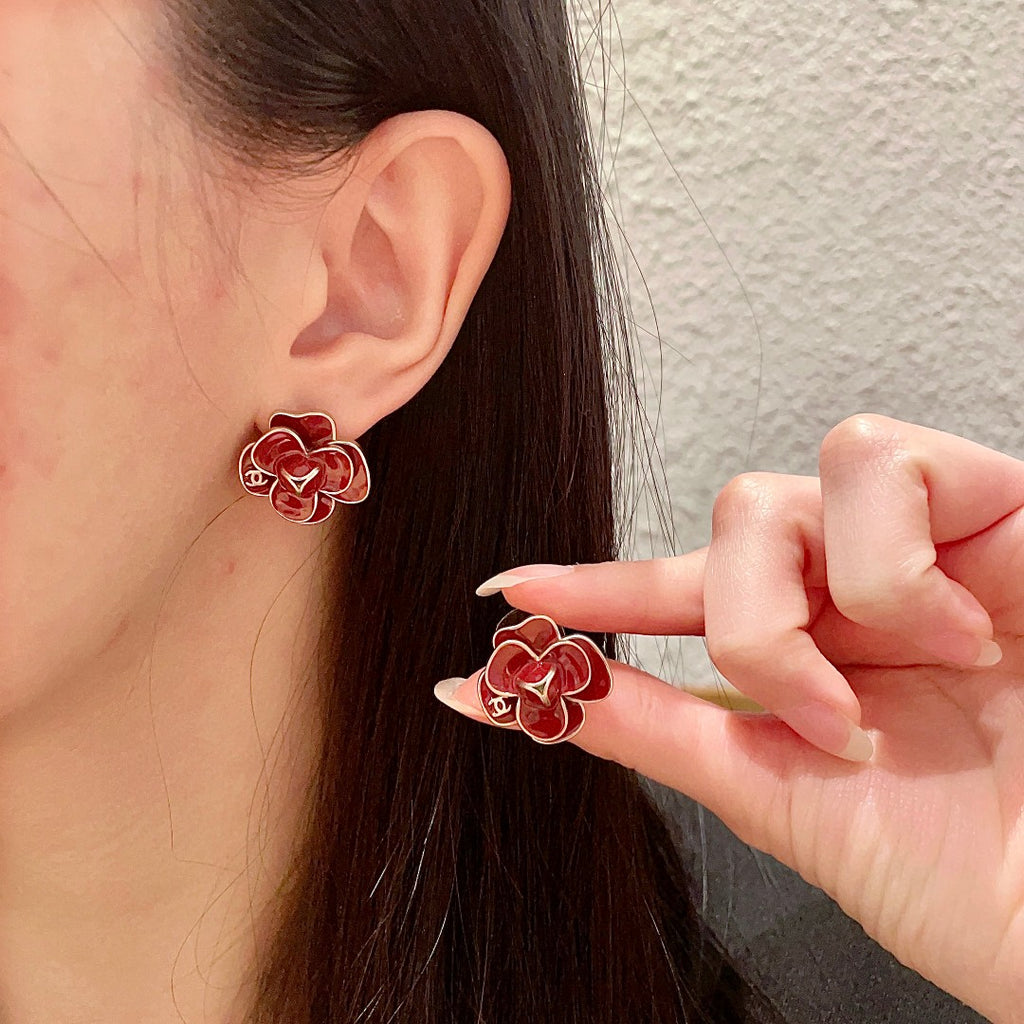 Camellia Stud Earrings in Polished Metal-Tone – Camellia Detail – Design 039 main product view