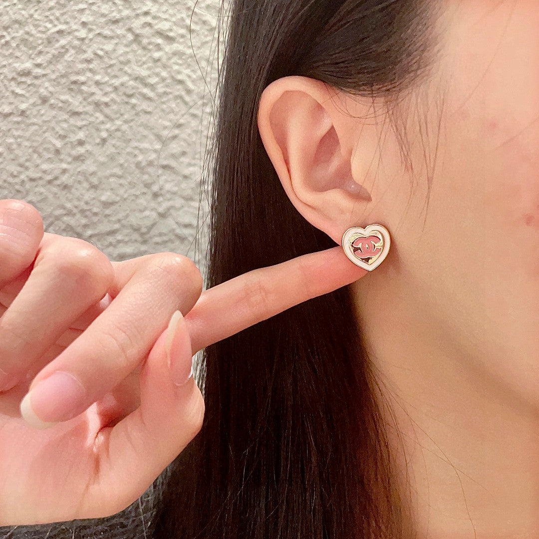 Double-C Emblem Stud Earrings in Polished Metal-Tone – Heart Detail – Design 005 front product view