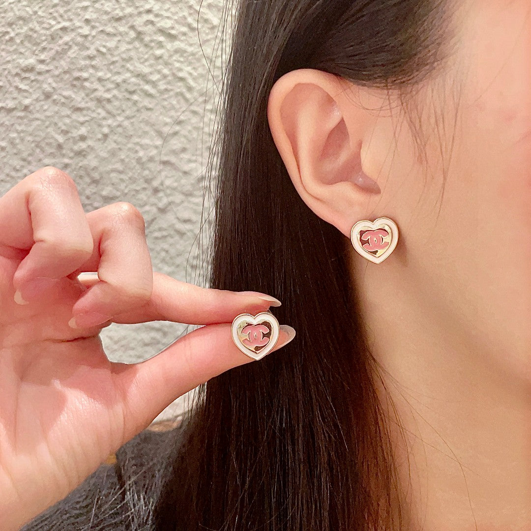 Double-C Emblem Stud Earrings in Polished Metal-Tone – Heart Detail – Design 005 main product view