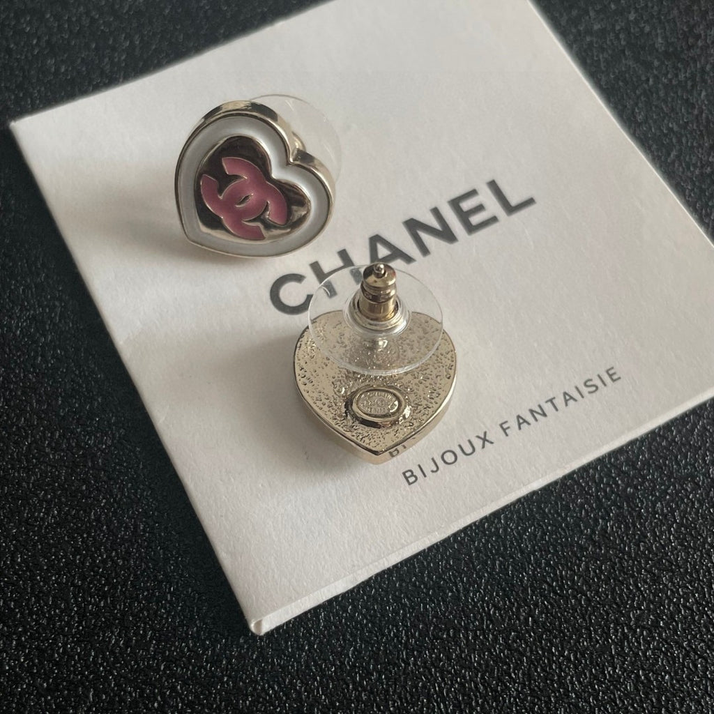 Double-C Emblem Stud Earrings in Polished Metal-Tone – Heart Detail – Design 005 main product view