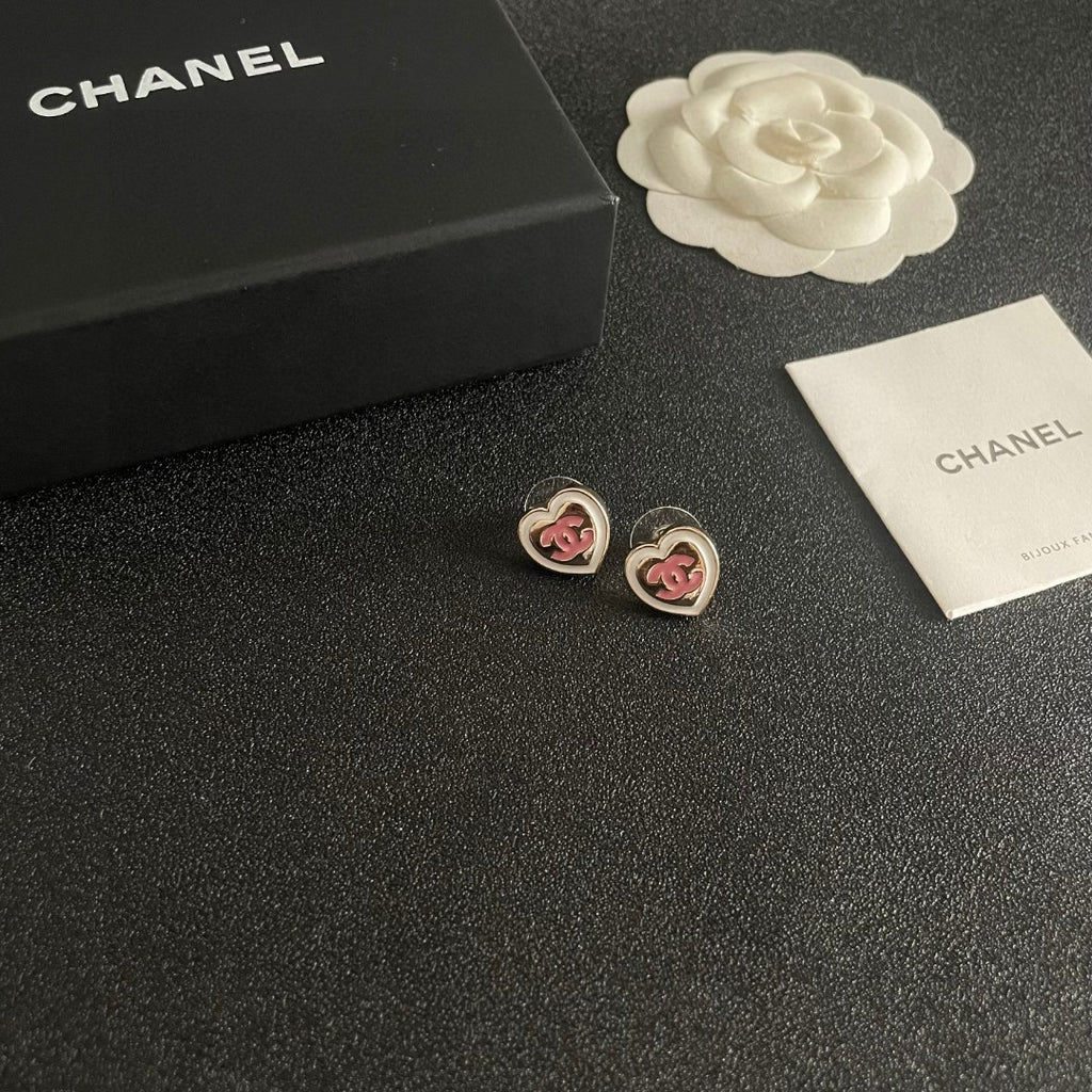 Double-C Emblem Stud Earrings in Polished Metal-Tone – Heart Detail – Design 005 styled product view