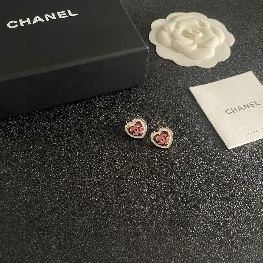 Double-C Emblem Stud Earrings in Polished Metal-Tone – Heart Detail – Design 005 styled product view