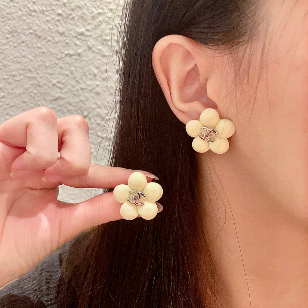 Camellia Stud Earrings in Polished Metal-Tone – Camellia Detail – Design 038 main product view