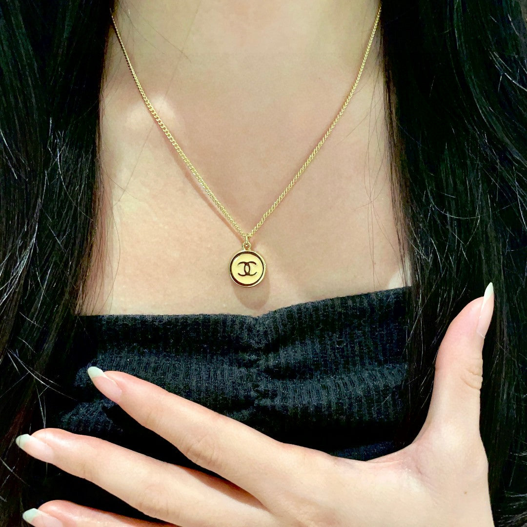 Double-C Emblem Pendant Necklace in Polished Metal-Tone – Design 028 front product view