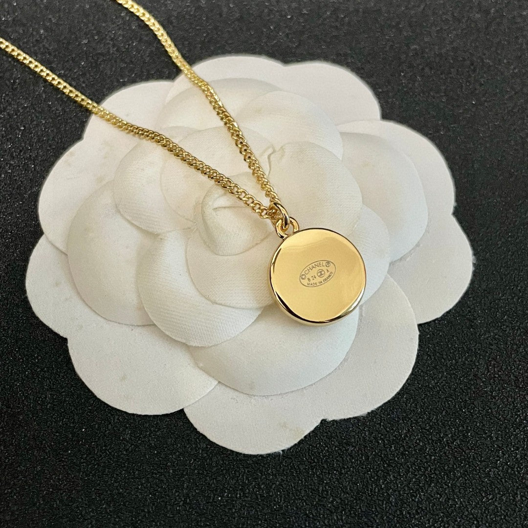 Double-C Emblem Pendant Necklace in Polished Metal-Tone – Design 028 front product view