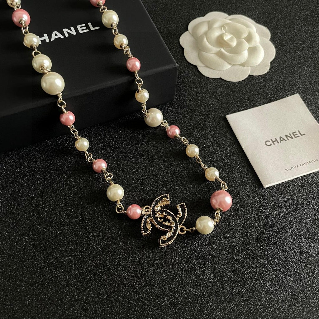 Double-C Emblem Pearl-Detail Pendant Necklace – Pearl Detail – Design 051 front product view