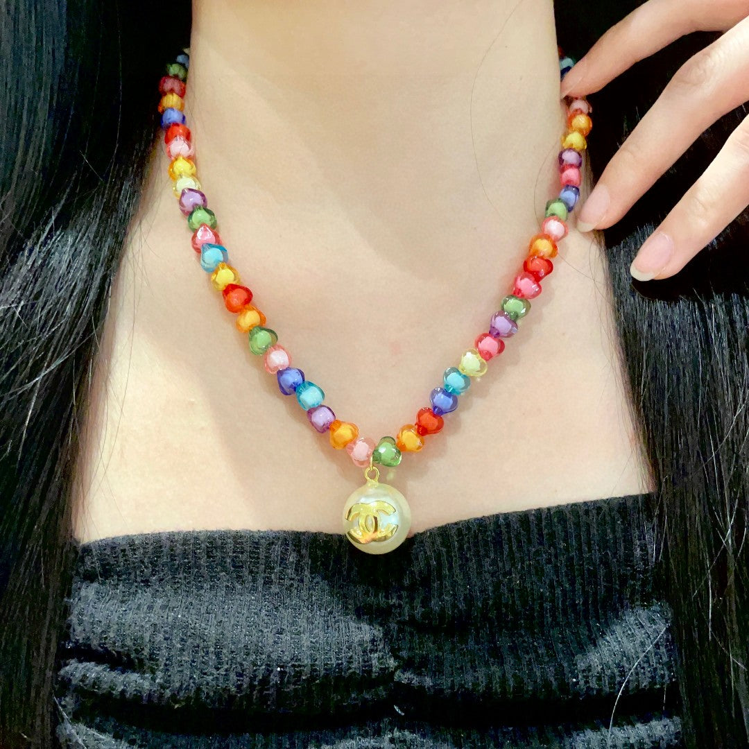 Double-C Emblem Pearl-Detail Pendant Necklace – Pearl Detail – Design 050 main product view