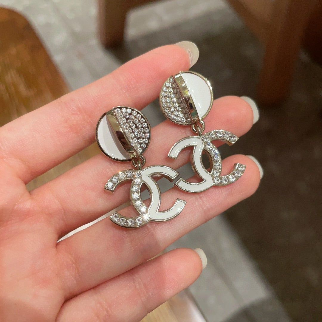 Double-C Emblem Crystal-Accent Statement Earrings – Design 018 close-up detail