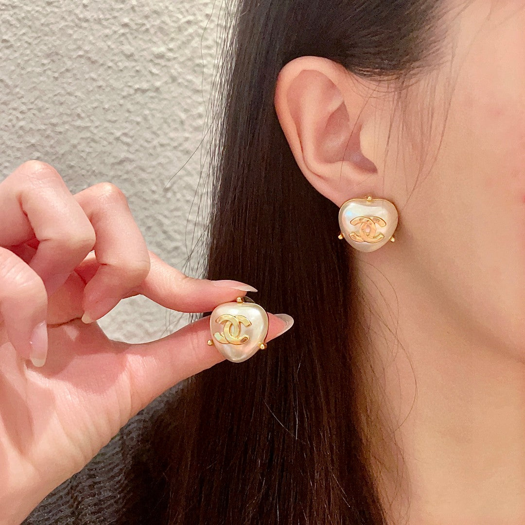 Double-C Emblem Pearl-Detail Stud Earrings – Pearl Detail – Design 008 main product view