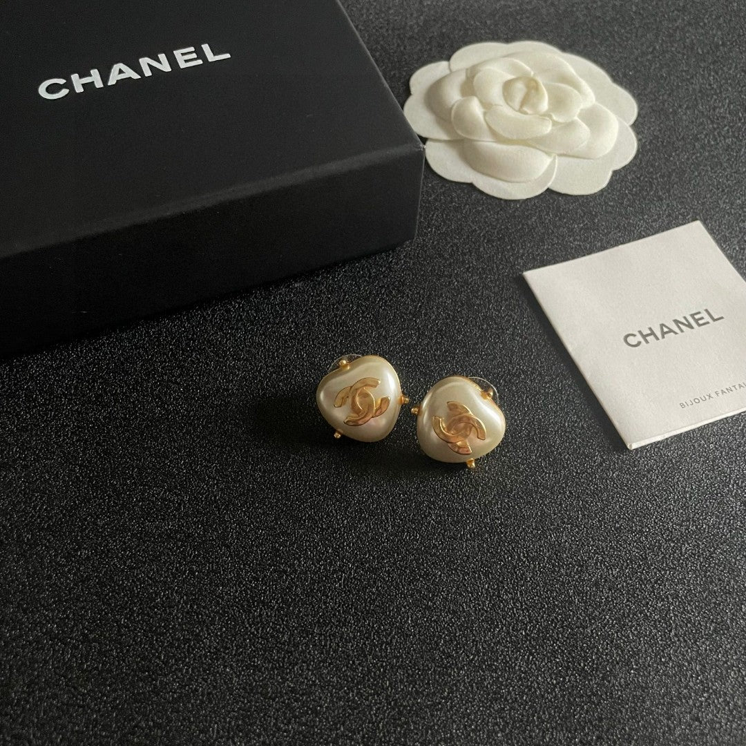 Double-C Emblem Pearl-Detail Stud Earrings – Pearl Detail – Design 008 styled product view