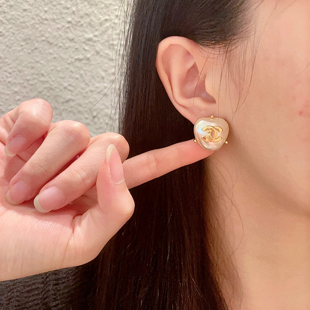Double-C Emblem Pearl-Detail Stud Earrings – Pearl Detail – Design 008 front product view