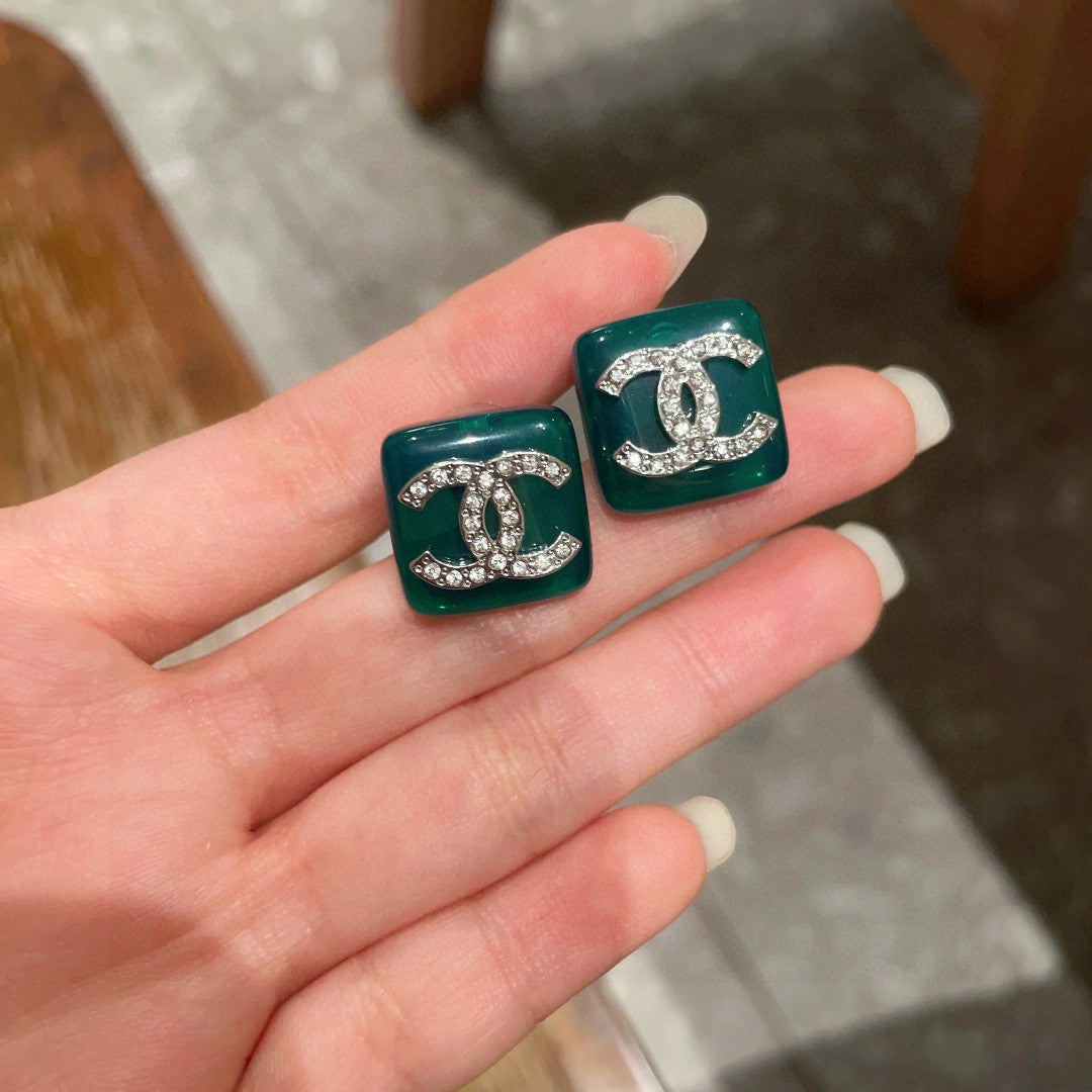 Double-C Emblem Crystal-Accent Stud Earrings – Design 024 side detail