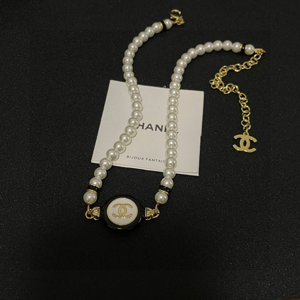 Double-C Emblem Pearl-Detail Pendant Necklace – Pearl Detail – Design 046 detail view