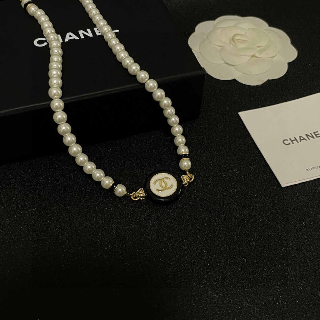 Double-C Emblem Pearl-Detail Pendant Necklace – Pearl Detail – Design 046 styled product view