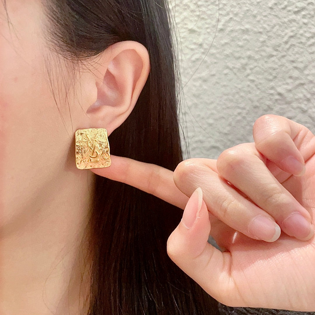 Letter Emblem Stud Earrings in Polished Metal-Tone – Design 008 front product view