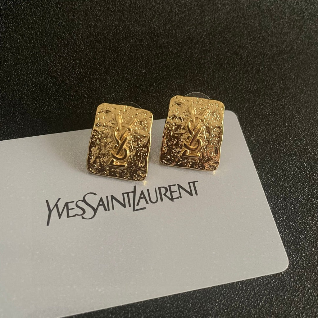 Letter Emblem Stud Earrings in Polished Metal-Tone – Design 008 front product view