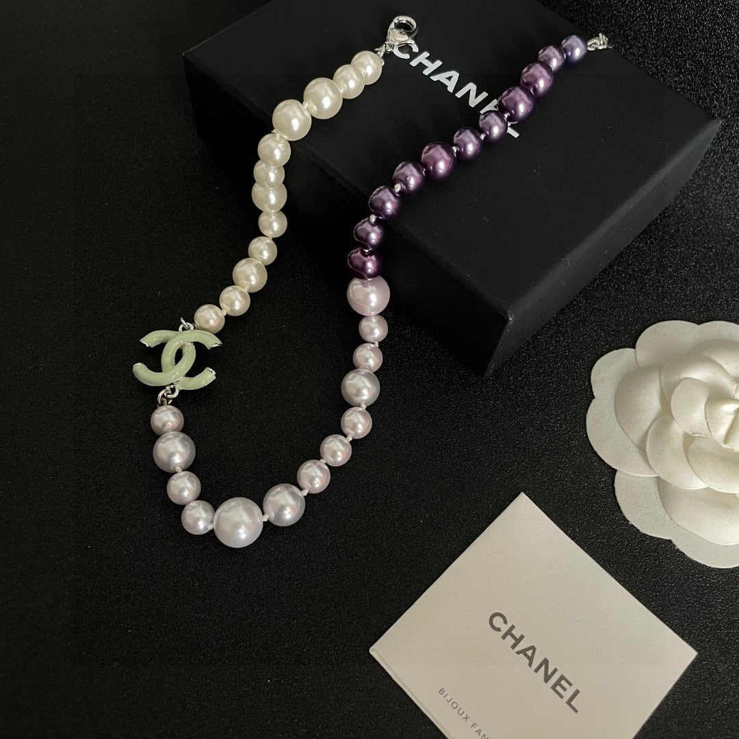 Double-C Emblem Pearl-Detail Pendant Necklace – Pearl Detail – Design 045 close-up detail