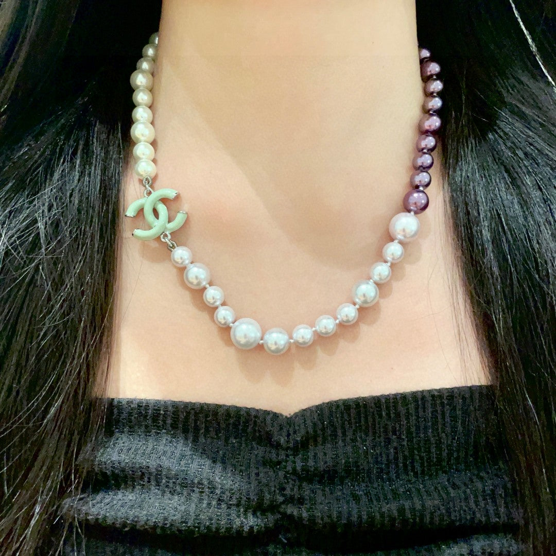 Double-C Emblem Pearl-Detail Pendant Necklace – Pearl Detail – Design 045 detail view