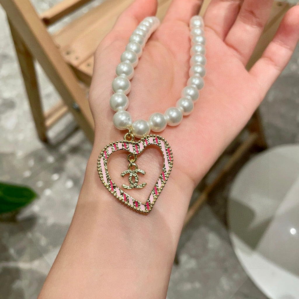 Double-C Emblem Pearl-Detail Pendant Necklace – Pearl Detail – Design 044 side detail