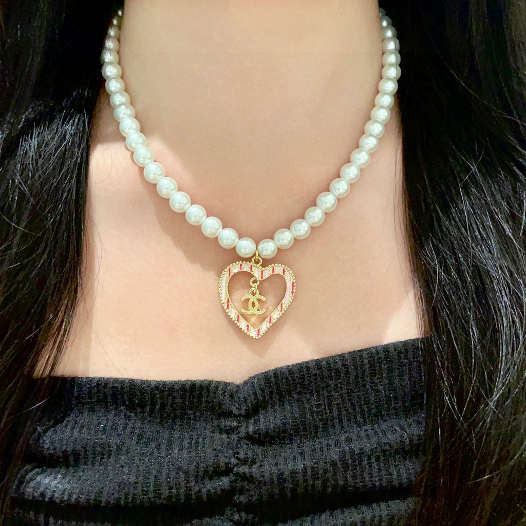 Double-C Emblem Pearl-Detail Pendant Necklace – Pearl Detail – Design 044 detail view