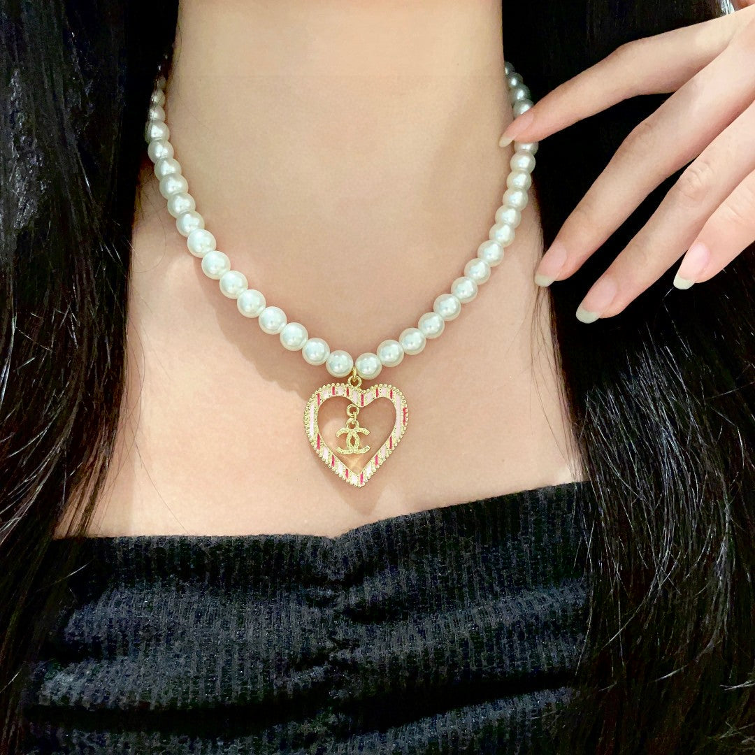 Double-C Emblem Pearl-Detail Pendant Necklace – Pearl Detail – Design 044 main product view