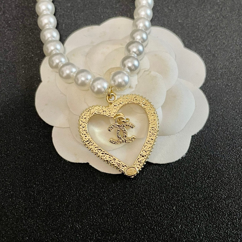 Double-C Emblem Pearl-Detail Pendant Necklace – Pearl Detail – Design 044 front product view
