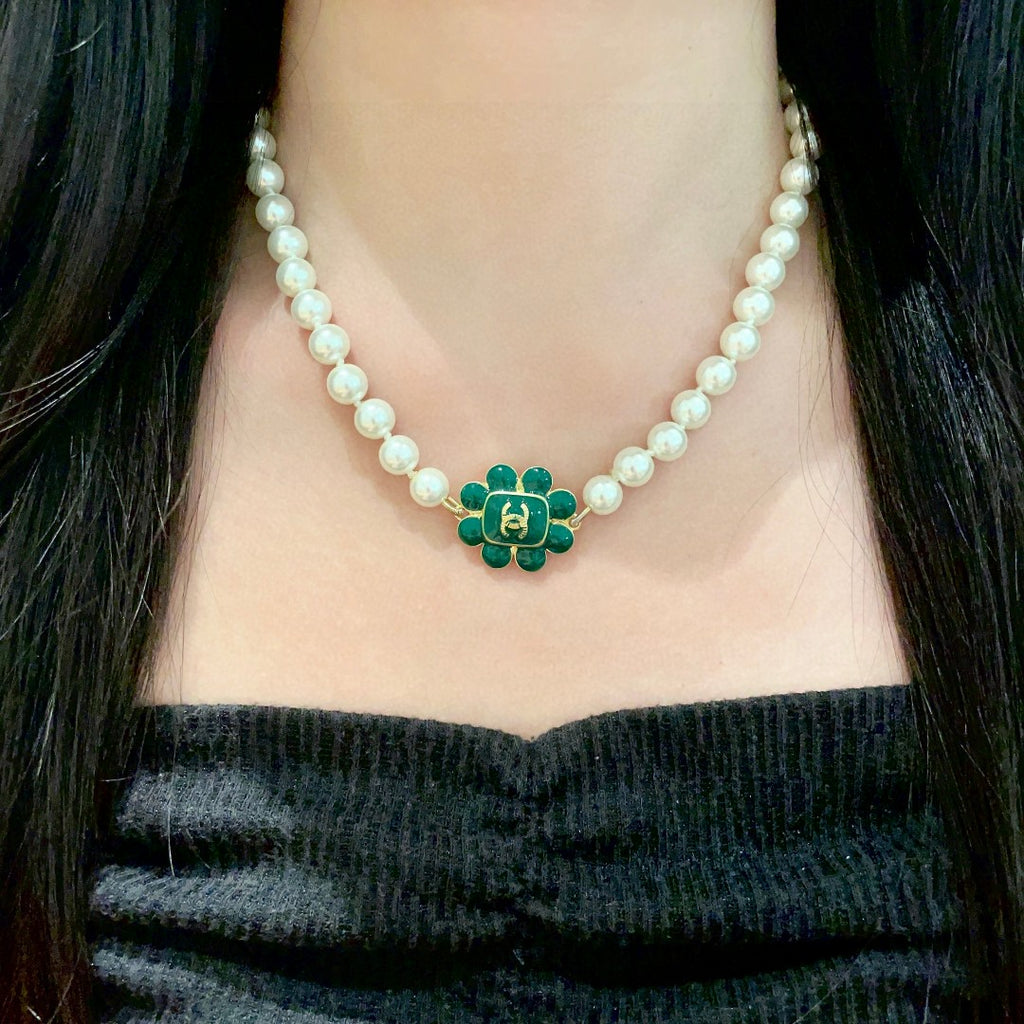 Double-C Emblem Pearl-Detail Pendant Necklace – Pearl Detail – Design 043 detail view