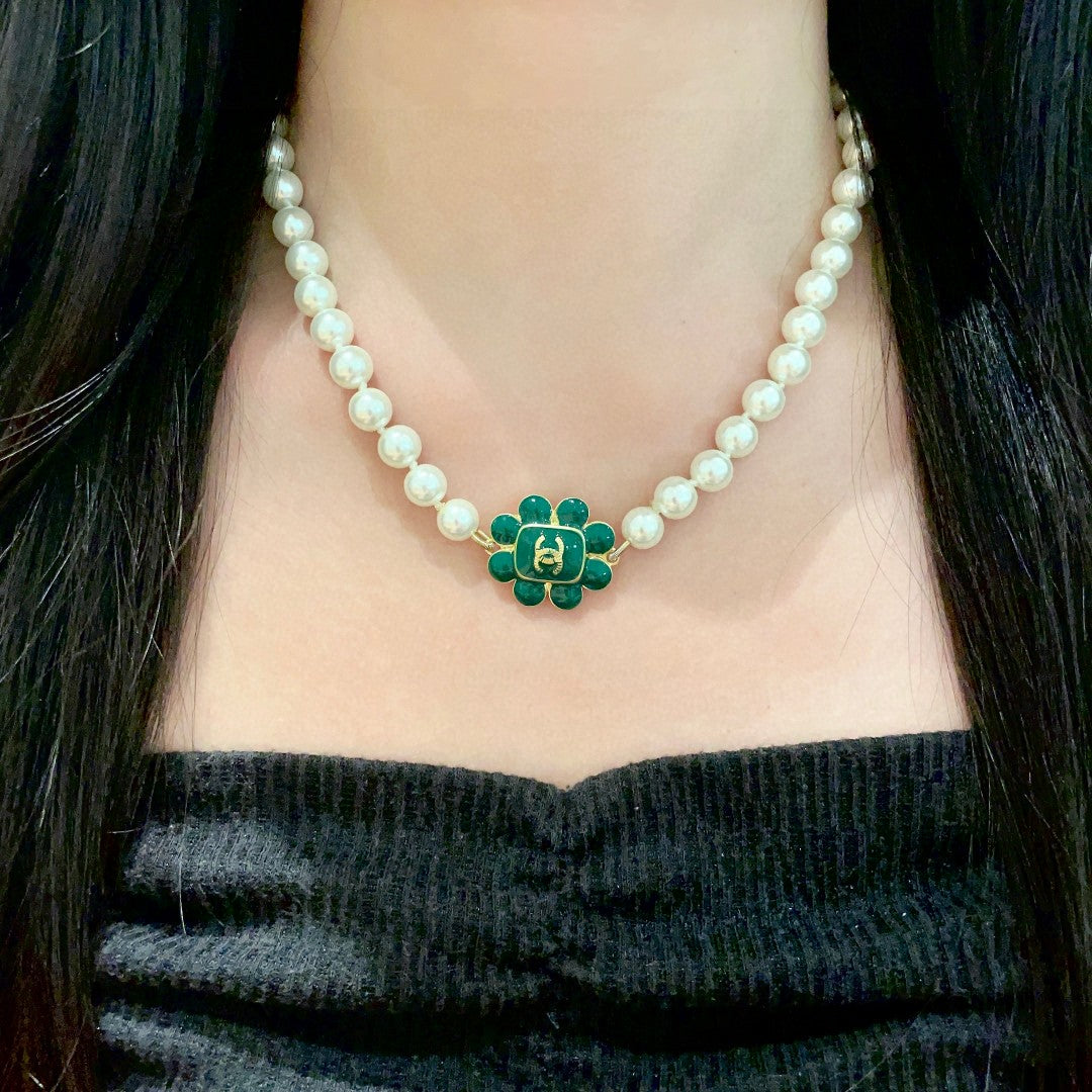 Double-C Emblem Pearl-Detail Pendant Necklace – Pearl Detail – Design 043 detail view