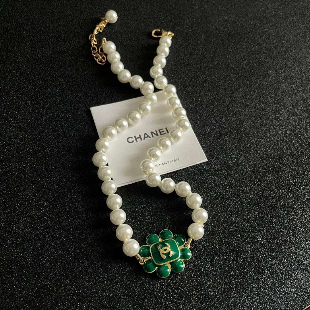 Double-C Emblem Pearl-Detail Pendant Necklace – Pearl Detail – Design 043 detail view