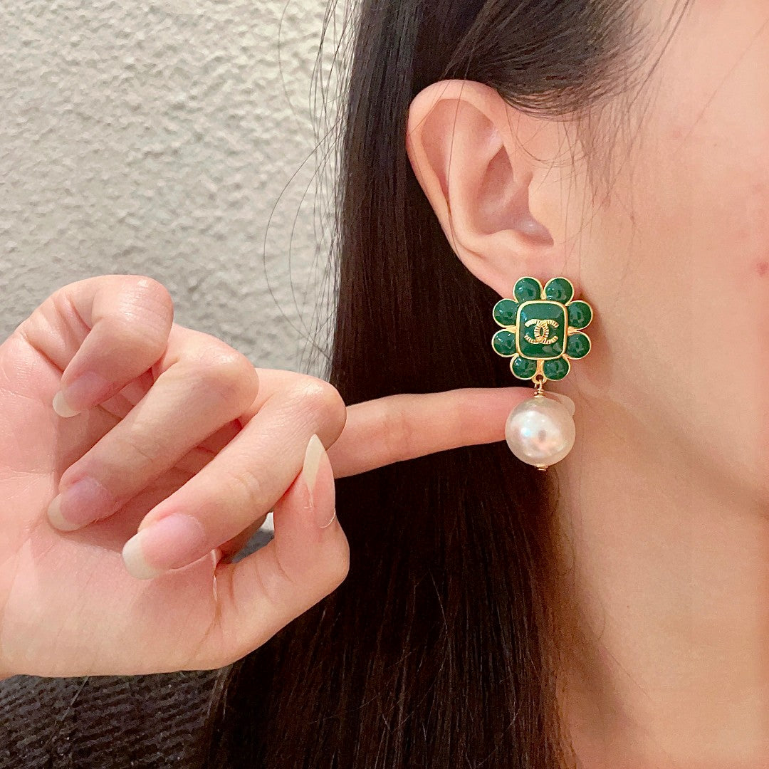 Double-C Emblem Pearl-Detail Statement Earrings – Pearl Detail – Design 012 front product view