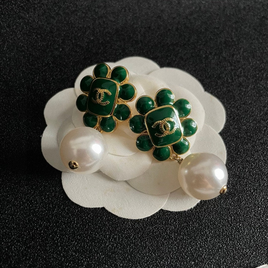 Double-C Emblem Pearl-Detail Statement Earrings – Pearl Detail – Design 012 front product view