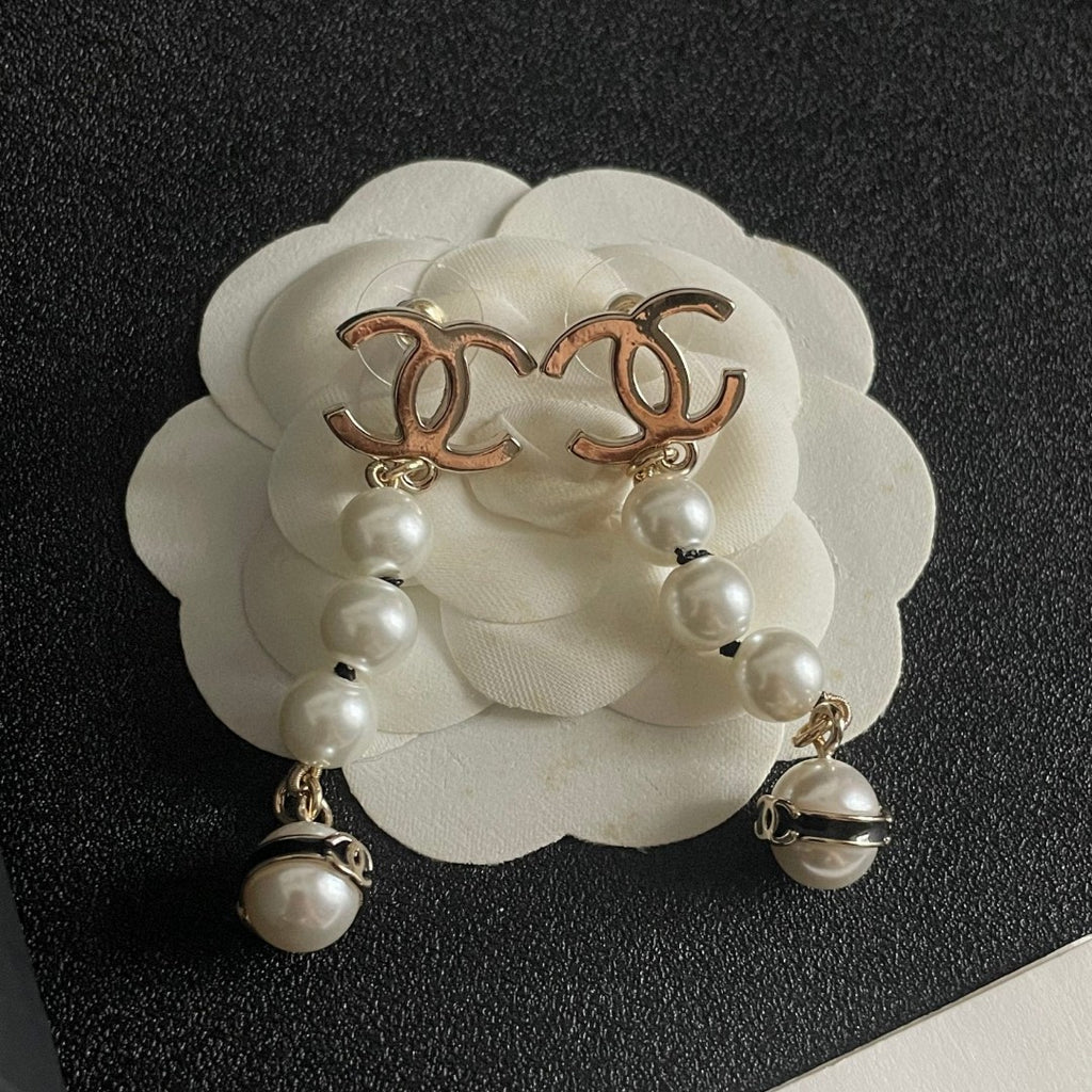 Double-C Emblem Pearl-Detail Statement Earrings – Pearl Detail – Design 011 front product view