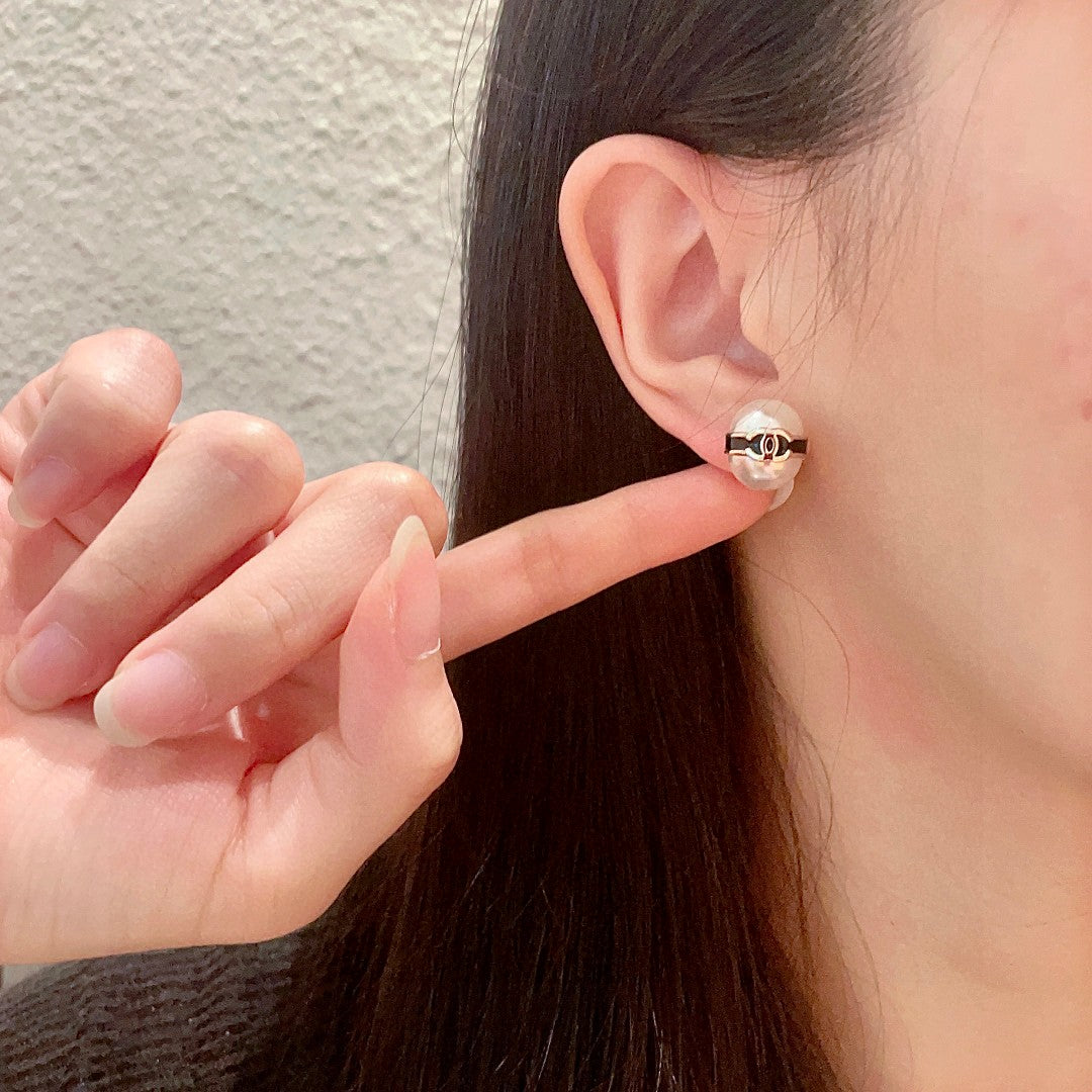 Double-C Emblem Pearl-Detail Stud Earrings – Pearl Detail – Design 006 front product view