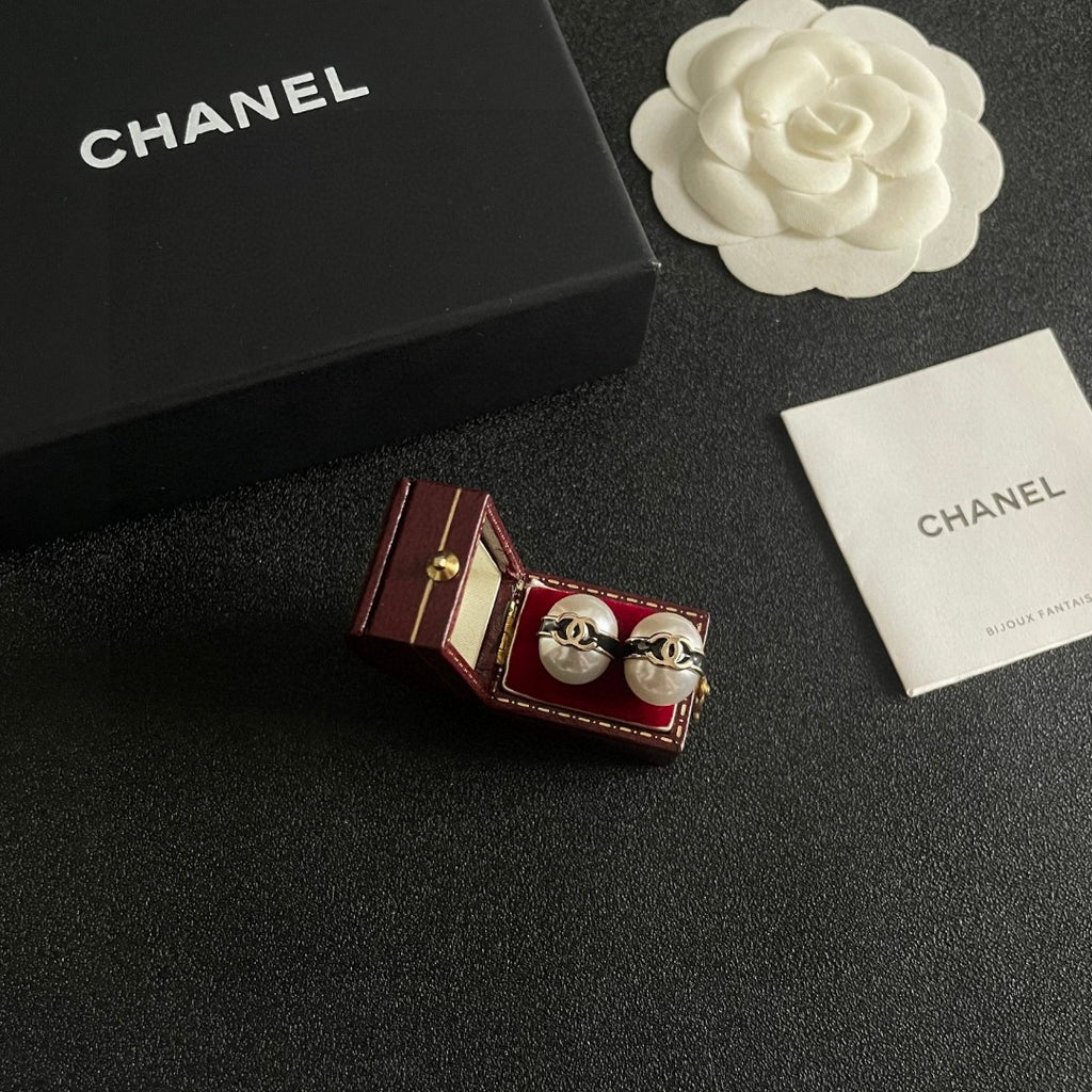 Double-C Emblem Pearl-Detail Stud Earrings – Pearl Detail – Design 006 styled product view