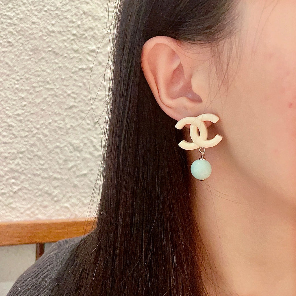 Double-C Emblem Pearl-Detail Statement Earrings – Pearl Detail – Design 008 detail view