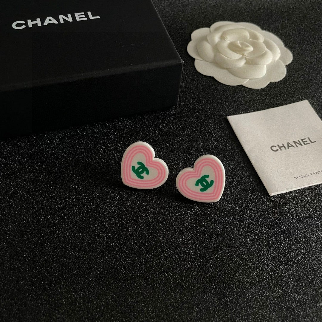 Double-C Emblem Stud Earrings in Polished Metal-Tone – Heart Detail – Design 004 styled product view
