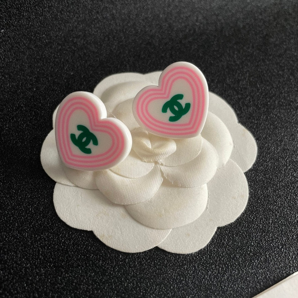 Double-C Emblem Stud Earrings in Polished Metal-Tone – Heart Detail – Design 004 front product view