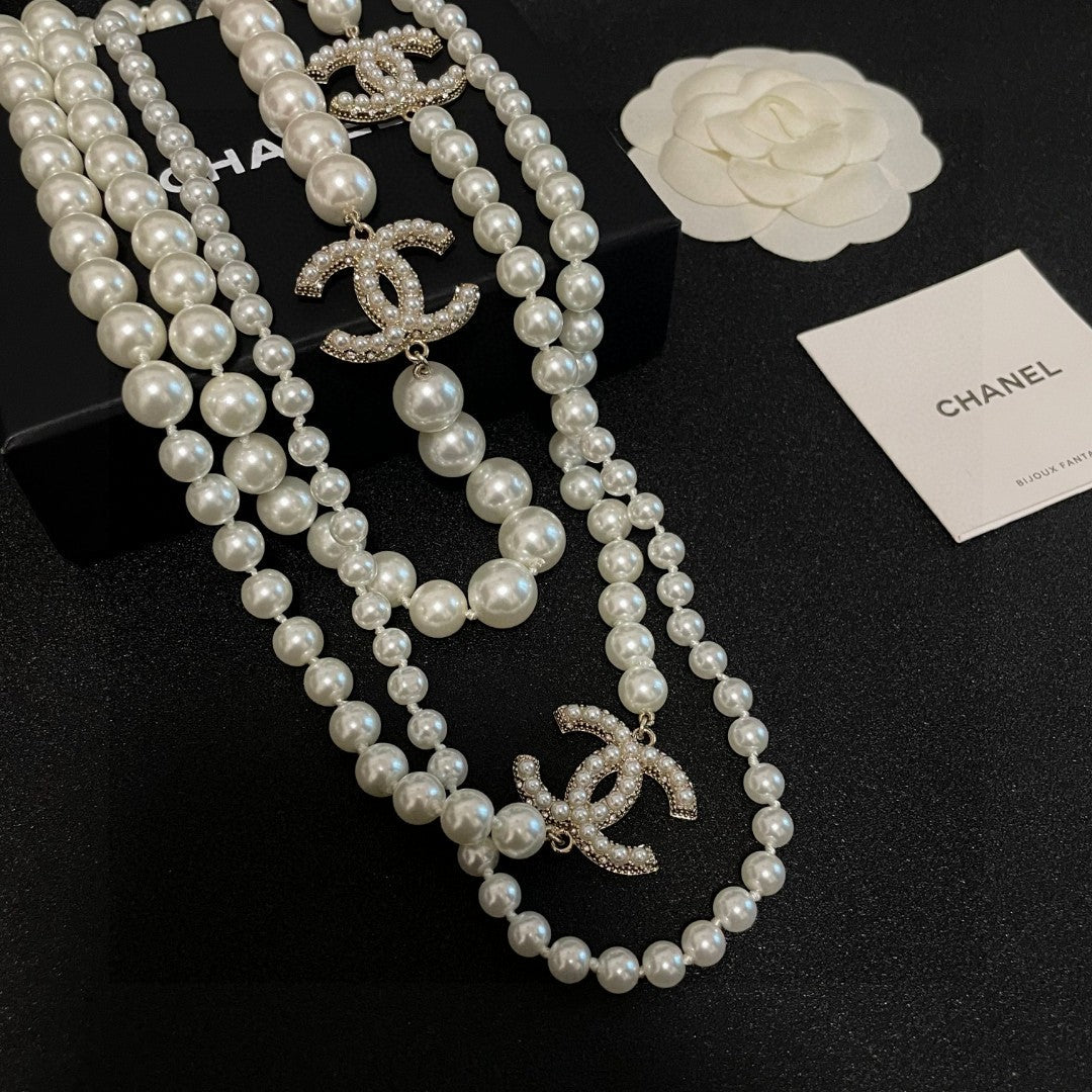 Double-C Emblem Pearl-Detail Pendant Necklace – Pearl Detail – Design 028 styled product view