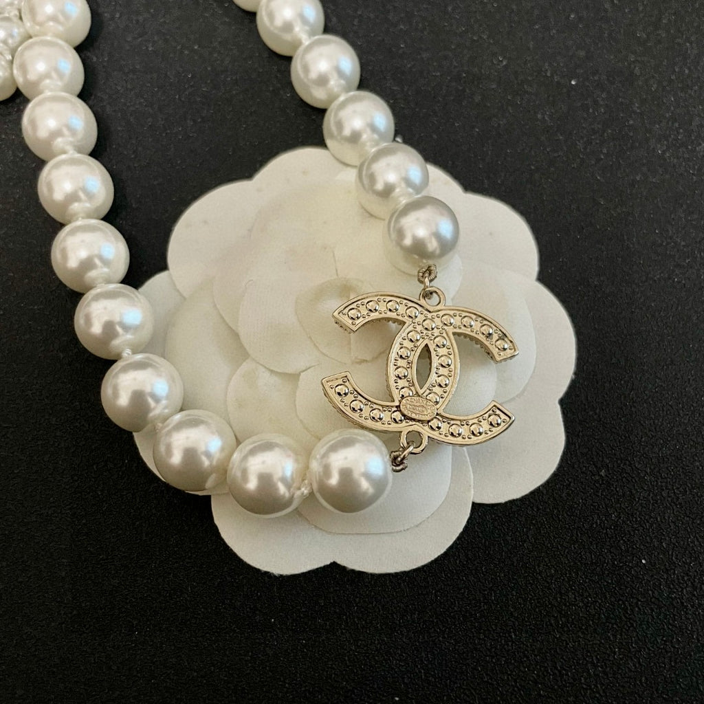 Double-C Emblem Pearl-Detail Pendant Necklace – Pearl Detail – Design 028 front product view