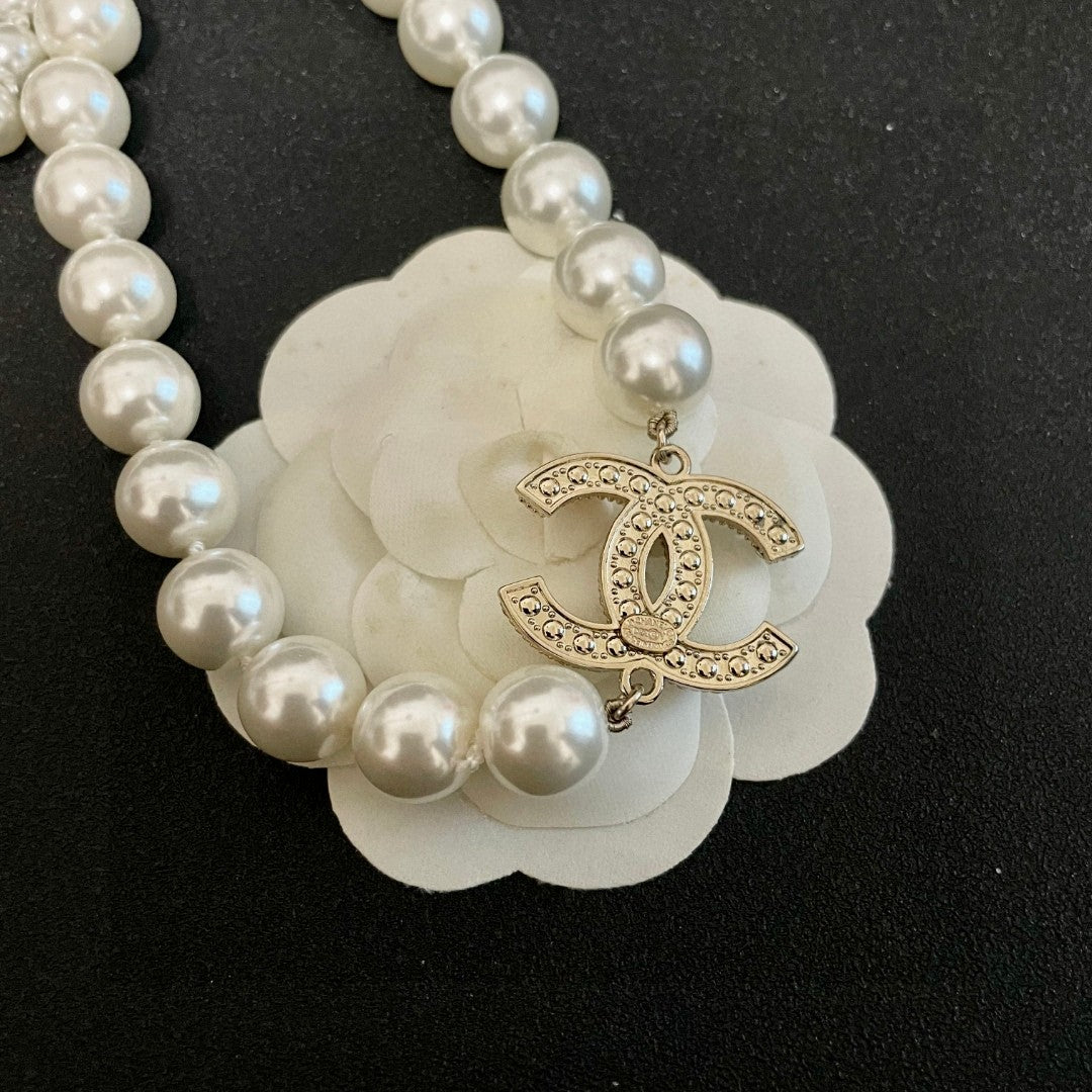 Double-C Emblem Pearl-Detail Pendant Necklace – Pearl Detail – Design 028 front product view