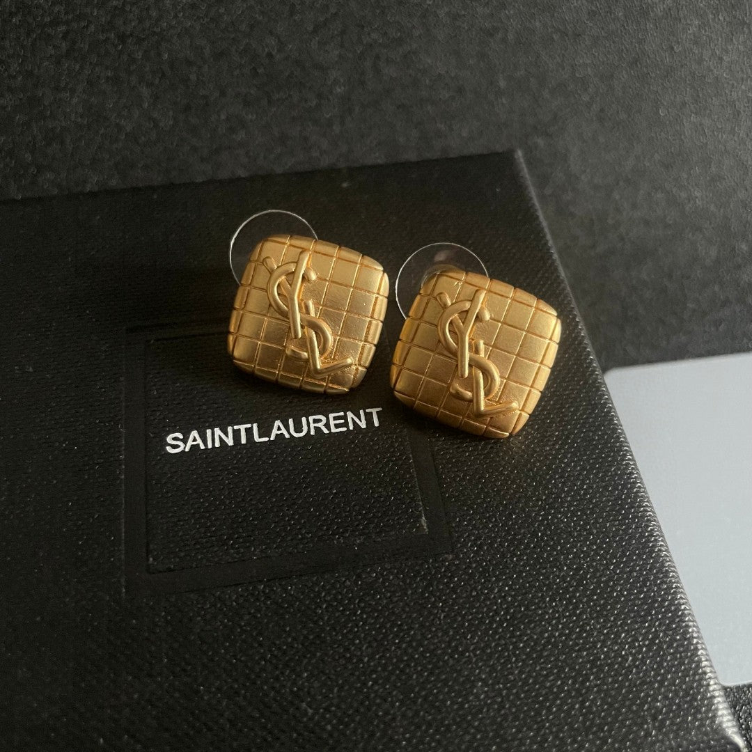 Letter Emblem Stud Earrings in Polished Metal-Tone – Design 007 detail view